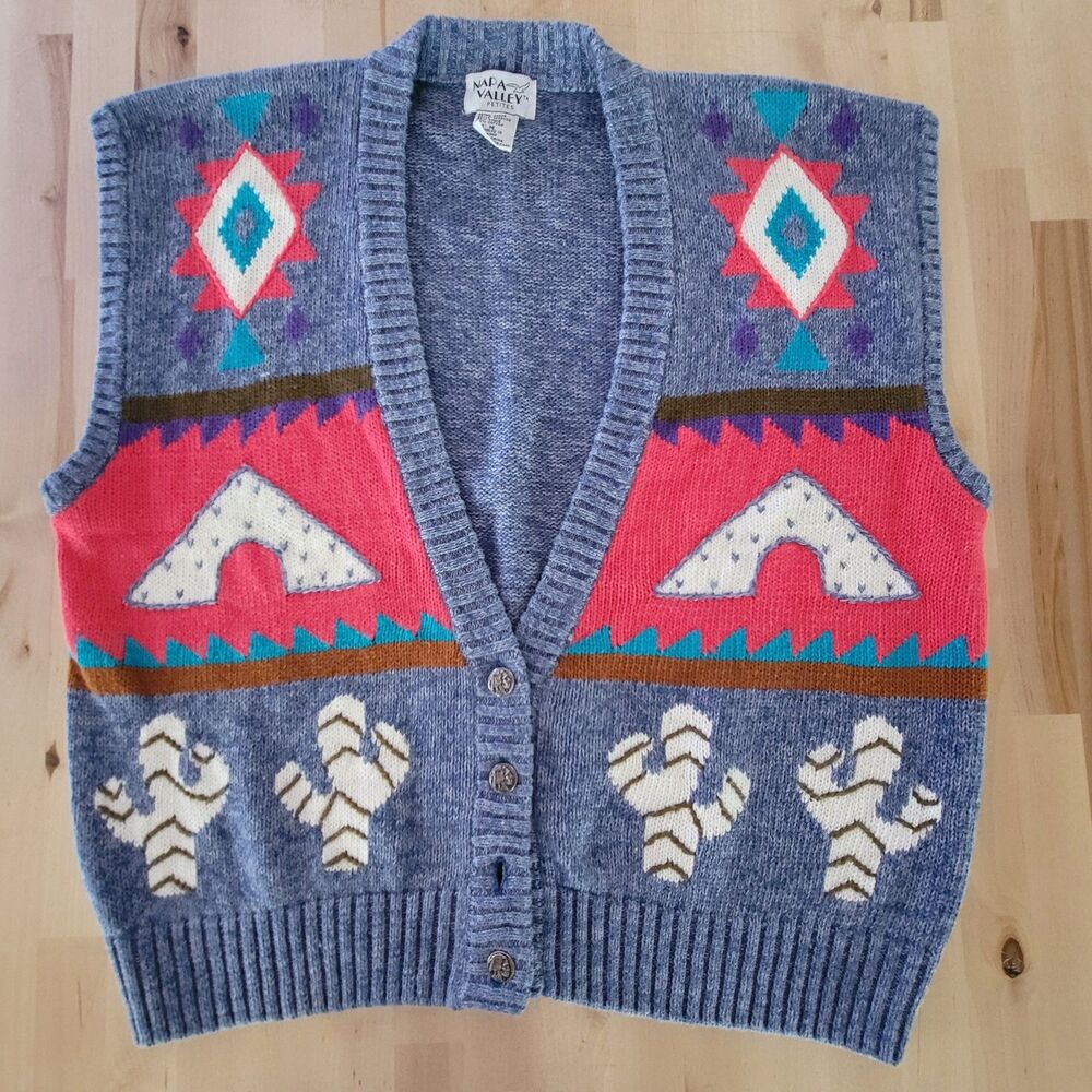 VTG Napa Valley Petites Button Front Cardigan Vest Southwest Cactus Grannycore M